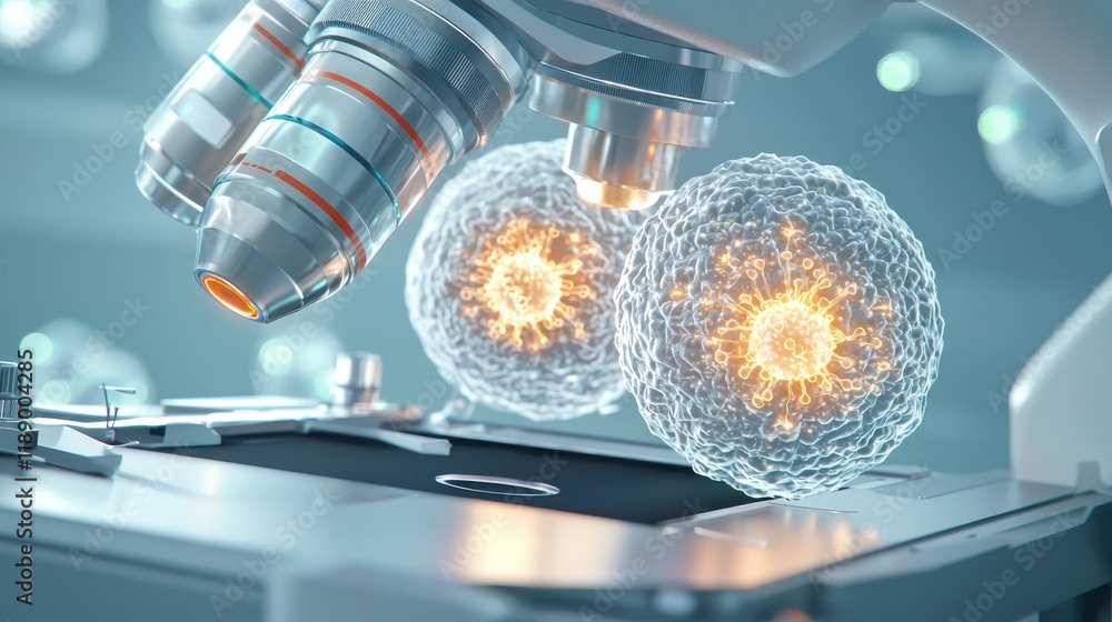 Poster a detailed microscope image showing two illuminated cells, emphasizing scientific research and cellu