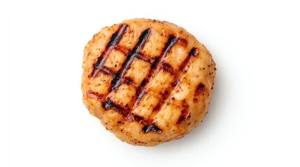 Grilled hamburger patty with distinct grill marks, white isolate background.