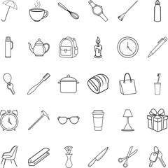 Everyday Objects Line Art Icons of Tools, Utensils, and Accessories