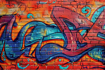 A red brick wall with intricate graffiti art, showcasing bold colors and dynamic designs.