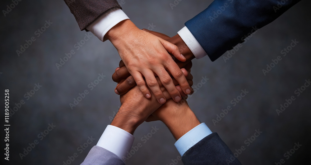 Poster collaborative teamwork hands joining together office setting photo professional environment overhead