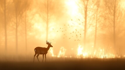 A haunting scene of wildlife fleeing through a burning city park, with deer and birds silhouetted against flames consuming trees and playgrounds