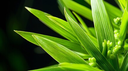 Obraz premium Vibrant green leaves sharply contrast dark background creating serene nature image. AI Generated