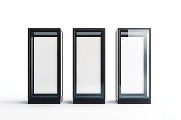 Three Modern Empty Display Cases on White Background