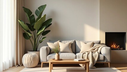 a serene living room exuding warmth and coziness, characterized by a calming neutral tone color palette, plush soft throw blankets in beige and cream hues draped over
