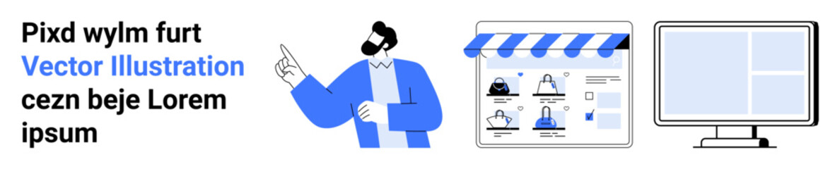 Man pointing right, web interface featuring user profiles and shop elements, computer monitor with a blank screen. Ideal for e-commerce, web design, user interaction, digital marketing, education