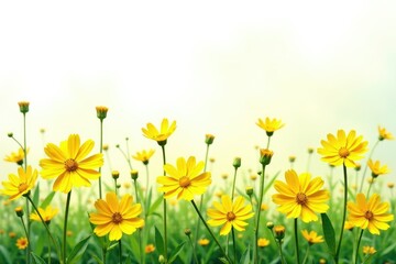 Fototapeta premium Bright yellow flowers of Coreopsis lanceolata isolated on white background, bloom, landscape