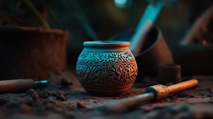 Intricate Carved Clay Pot in Artistic Studio Setting