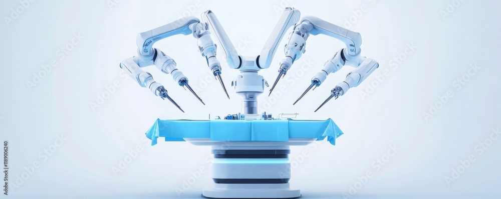 Poster a futuristic robotic arm system positioned over a blue platform, showcasing advanced automation tech