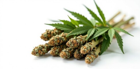 Bundle of dried cannabis plant stems on a white background, bundle, foliage