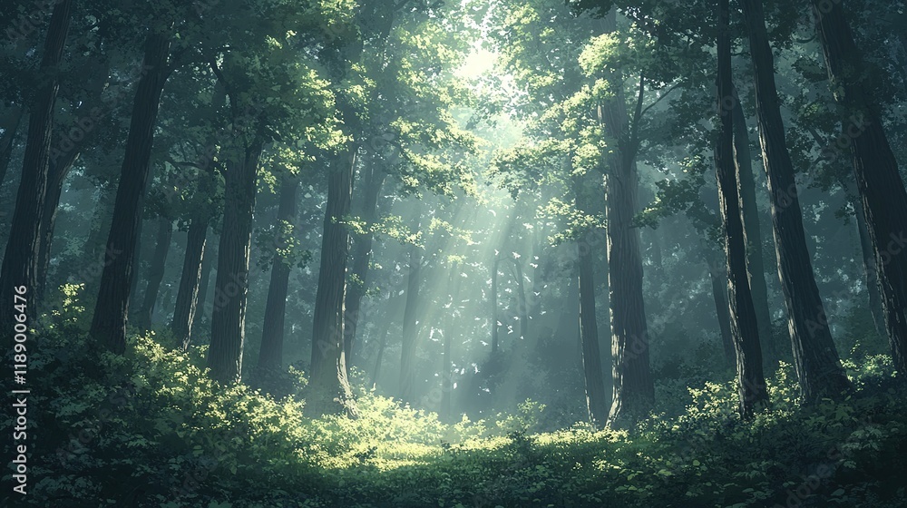 Poster sunlight filtering through trees in lush forest nature scene tranquil environment serene viewpoint
