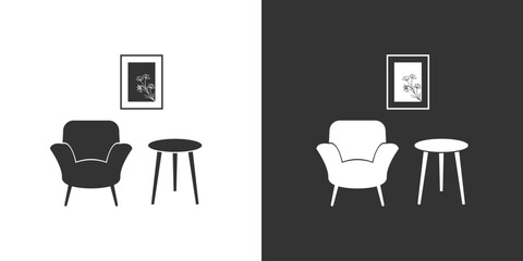 Furniture interior black and white icon with armchair in flat style