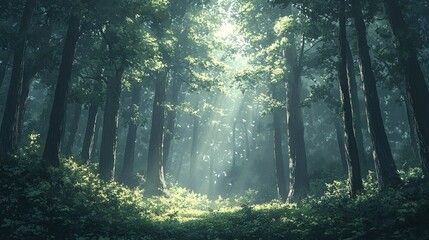 Obraz premium Sunlight filtering through trees in lush forest nature scene tranquil environment serene viewpoint