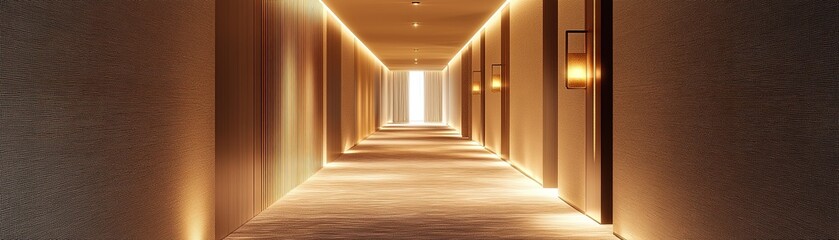 Illuminated corridor walkway modern building interior photo bright environment wide angle architectural design