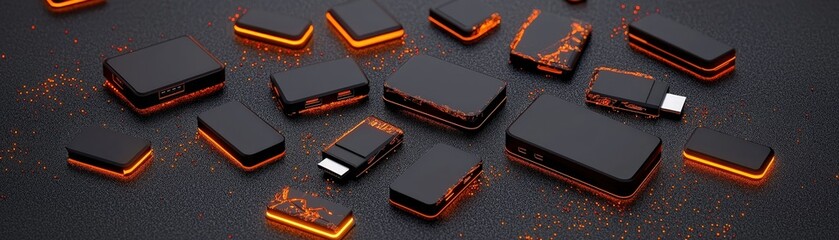 Collection of Stylish Black USB Drives with Neon Orange Accents on Dark Background