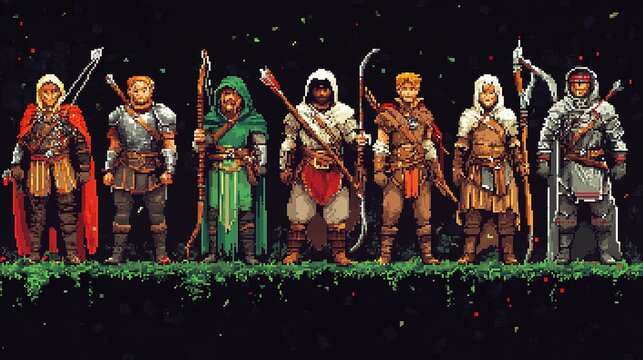 Epic fantasy heroes assemble enchanted forest pixel art gaming realm side view adventure concepts