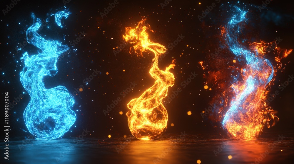 Poster dynamic elemental flames display studio digital artwork dark background close-up visual contrast and