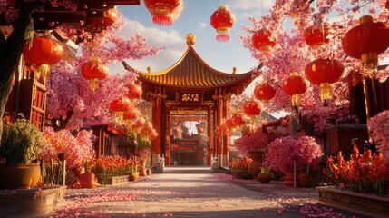 Festive Asian Street Scene With Cherry Blossoms And Lanterns