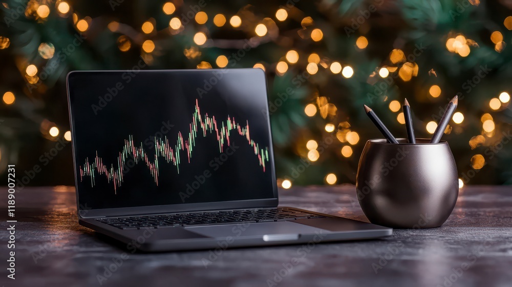 Aufkleber a laptop displaying a fluctuating graph sits on a table next to a modern pen holder, with festive bo
