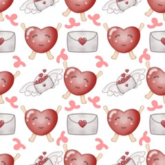 Seamless red heart pattern for Valentine's Day romantic design, background, wallpaper, for fabric, textile, on colorful background.