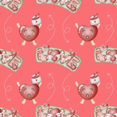 Fototapeta premium Seamless red heart pattern for Valentine's Day romantic design, background, wallpaper, for fabric, textile, on colorful background.