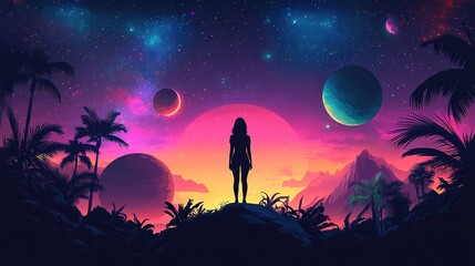 Stargazing adventure cosmic landscape digital art tropical environment silhouette viewpoint mystical concept