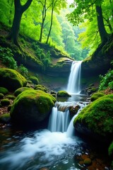 Fototapeta premium cascading water over moss-covered rocks in a dense green forest, waterfall, trees