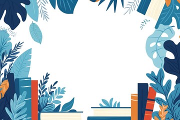 Obraz premium A vibrant, educational background with books and tropical foliage.