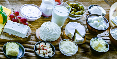 A variety of dairy products including cheese, milk and yogurt
