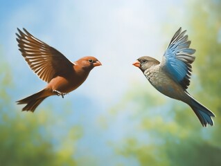 Obraz premium Two birds gracefully soar vibrant hues meet soft light. AI Generated