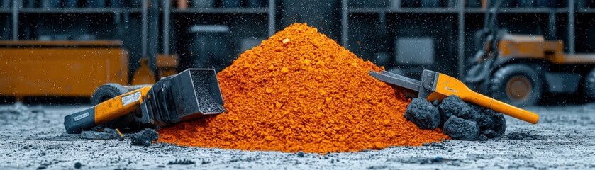 Bright Orange Pile of Powdered Material Surrounded by Tools in Industrial Setting