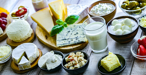 A variety of dairy products including cheese, milk and yogurt