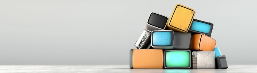 Pile of Vintage Retro Televisions in Various Colors on a Minimal Background