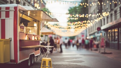 Fototapeta premium night market, food stalls, string lights, vibrant atmosphere, blurred background, warm colors, urban scene, street food, outdoor dining, festive mood, bokeh effect, neon glow, bustling crowd, vintage 