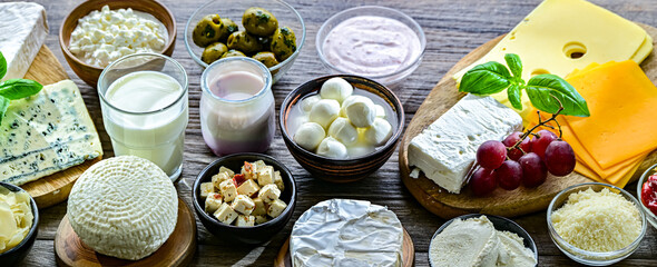 A variety of dairy products including cheese, milk and yogurt
