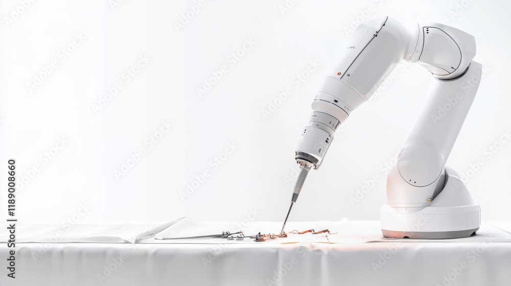 Poster a robotic arm performs intricate tasks, showcasing advanced automation technology in a clean, modern
