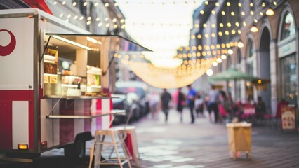 Obraz premium night market, food stalls, string lights, vibrant atmosphere, blurred background, warm colors, urban scene, street food, outdoor dining, festive mood, bokeh effect, neon glow, bustling crowd, vintage 