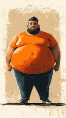 Fat cartoon character in an orange shirt stands confidently against a simple background.