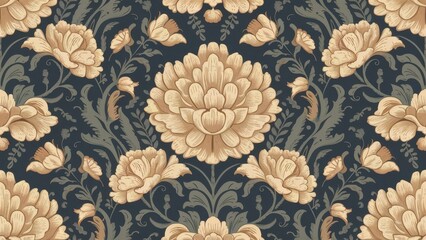 Vintage floral wallpaper pattern, intricate peony blooms, dark moody background, Art Nouveau style, symmetrical design, ornate botanical illustration, muted color palette, seamless repeat pattern, lux