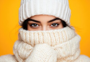 A woman wearing white winter , her face covered with a scarf, isolated on a yellow background.