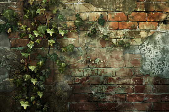 An ancient brick wall with moss and ivy creeping through the cracks, emphasizing the textures and weathered look.