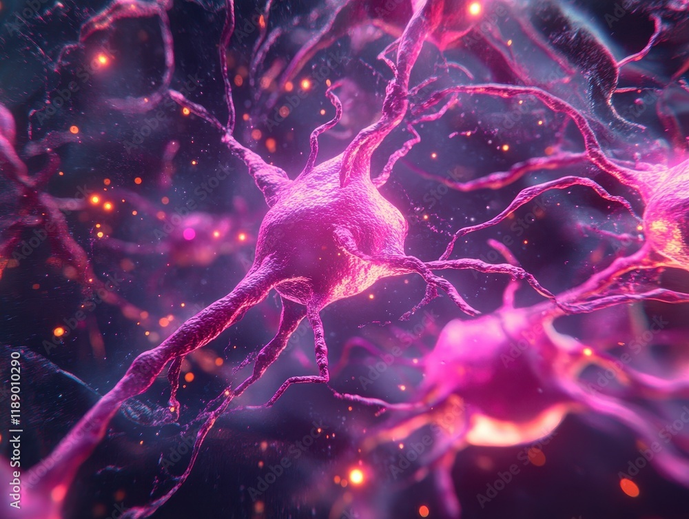 Poster microscopic view of vibrant pink neurons connecting and communicating within the nervous system