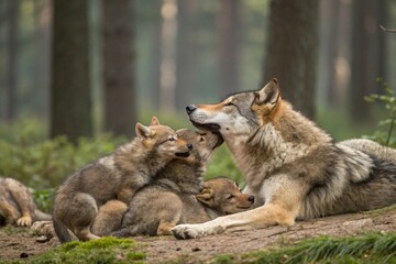 Obraz premium Wolf Family in Forest Wildlife Mother Wolf Cubs Nature