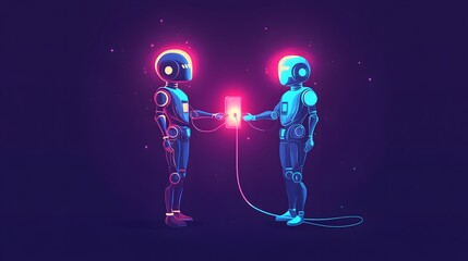 Fototapeta premium Two Robots Share Data Via a Connected Device