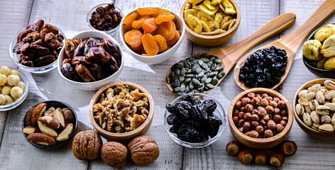 Composition with a variety of dried fruits and assorted nuts.