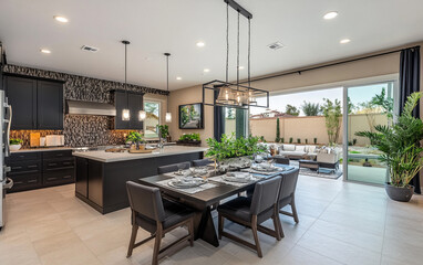 Fototapeta premium Modern open concept kitchen with a spacious layout, sleek countertops, pendant lights, and minimalist design, creating a bright and stylish cooking space.