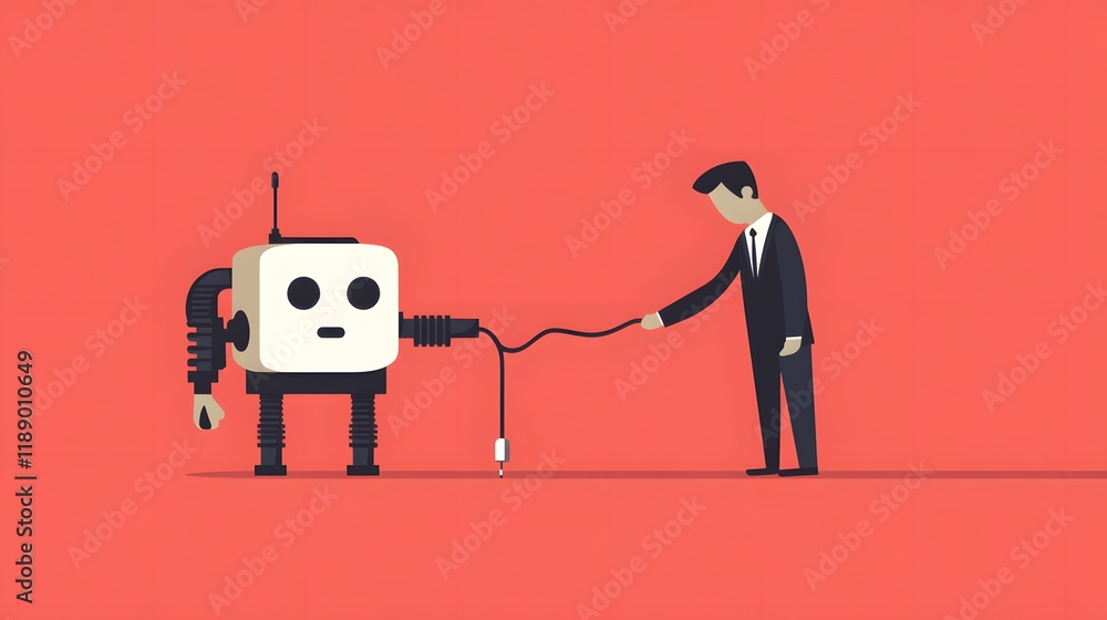 Poster businessman controlling a simple robot with a cord
