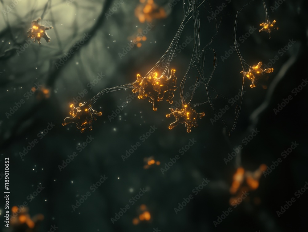 Poster glowing neural network abstract art: microscopic visualization of intricate connections and luminesc