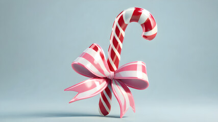 Fototapeta premium A whimsical candy cane with pastel pink and white stripes, isolated on a light blue pastel background. Hyper-detailed and shiny under studio lights