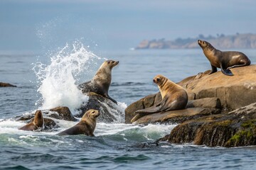 Fototapeta premium California Sea Lions on Rocky Coastline Ocean Waves Splashing